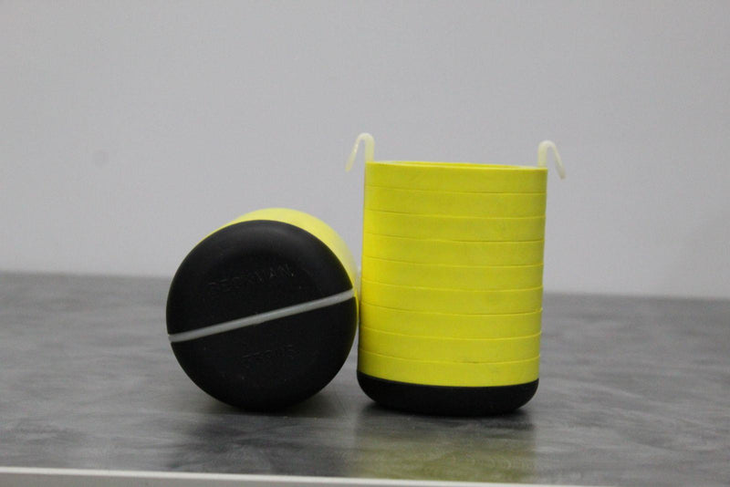 Lot of 2 Beckman 339097 Yellow 9-Disc Swing Bucket Rotor Adapters 1x500mL bottom and side view