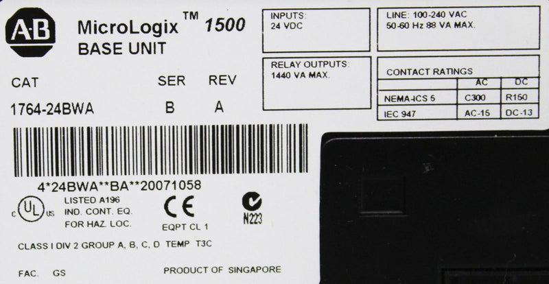 Allen-Bradley 1764-24BWA MicroLogix 1500 Programmable Controller Base Unit