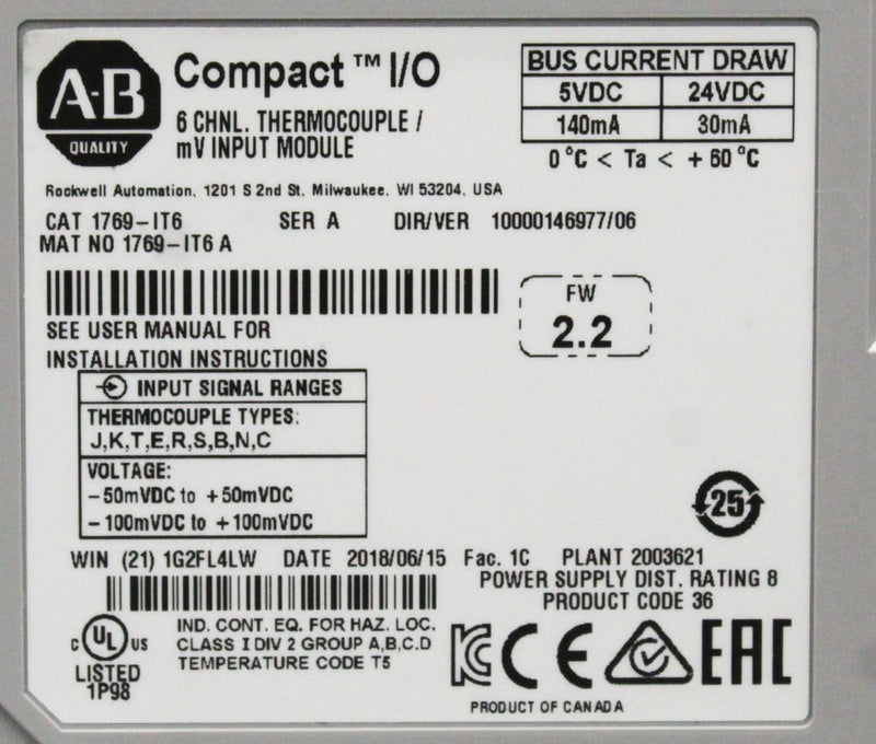 Allen-Bradley 1769-IT6 Ser A CompactLogix 6-Channel Thermocouple/mV Input Module