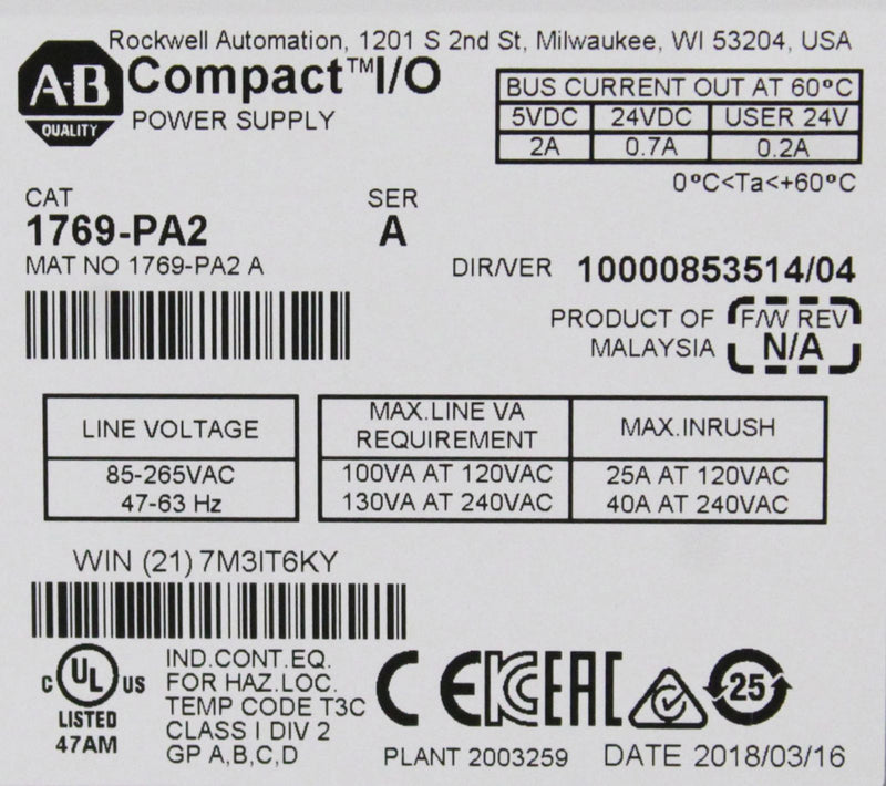 Allen-Bradley 1769-PA2 Ser. A Compact I/O Power Supply Module