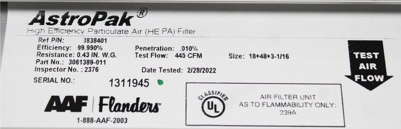 AAF Flanders 3061389-011 BioSafety Cabinet HEPA Fume Hood Air Filter Unit